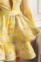 Flowering Girl Women Floral Romantic Mini Dress With Voluminous Sleeves And Peplum Detail - Yellow