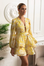 Flowering Girl Women Floral Romantic Mini Dress With Voluminous Sleeves And Peplum Detail - Yellow