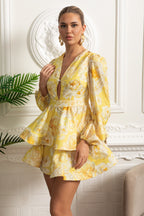Flowering Girl Women Floral Romantic Mini Dress With Voluminous Sleeves And Peplum Detail - Yellow