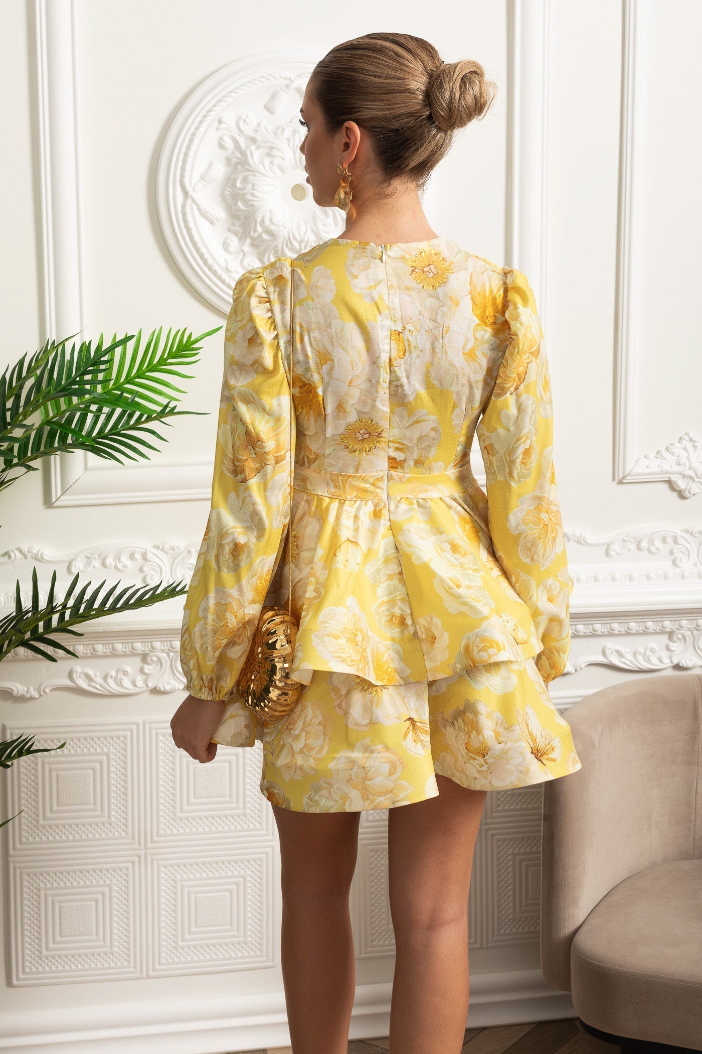 Flowering Girl Women Floral Romantic Mini Dress With Voluminous Sleeves And Peplum Detail - Yellow