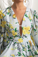 Flowering Girl Women Floral Romantic Mini Dress With Voluminous Sleeves And Peplum Detail - Sky Blue