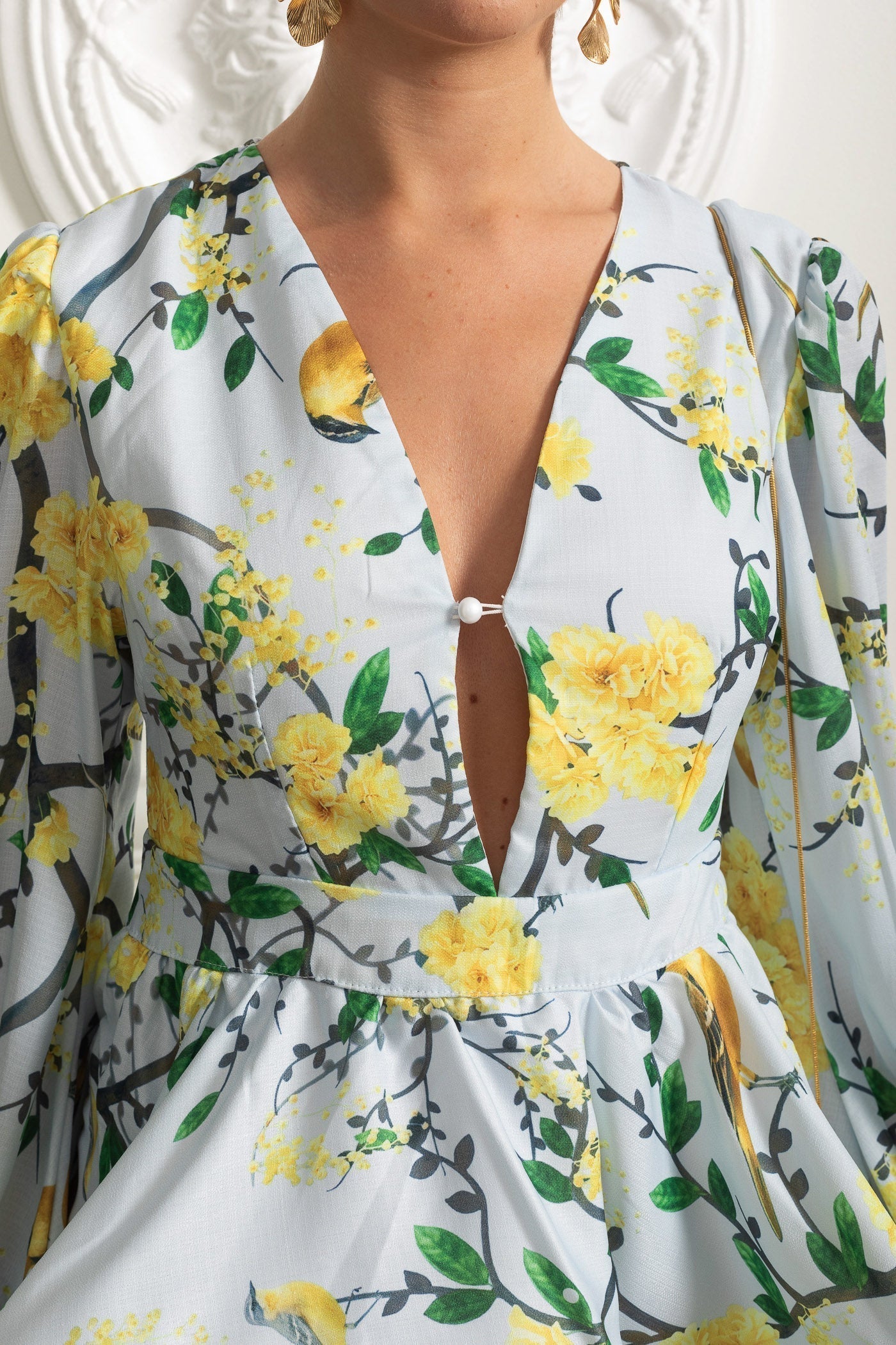 Flowering Girl Women Floral Romantic Mini Dress With Voluminous Sleeves And Peplum Detail - Sky Blue