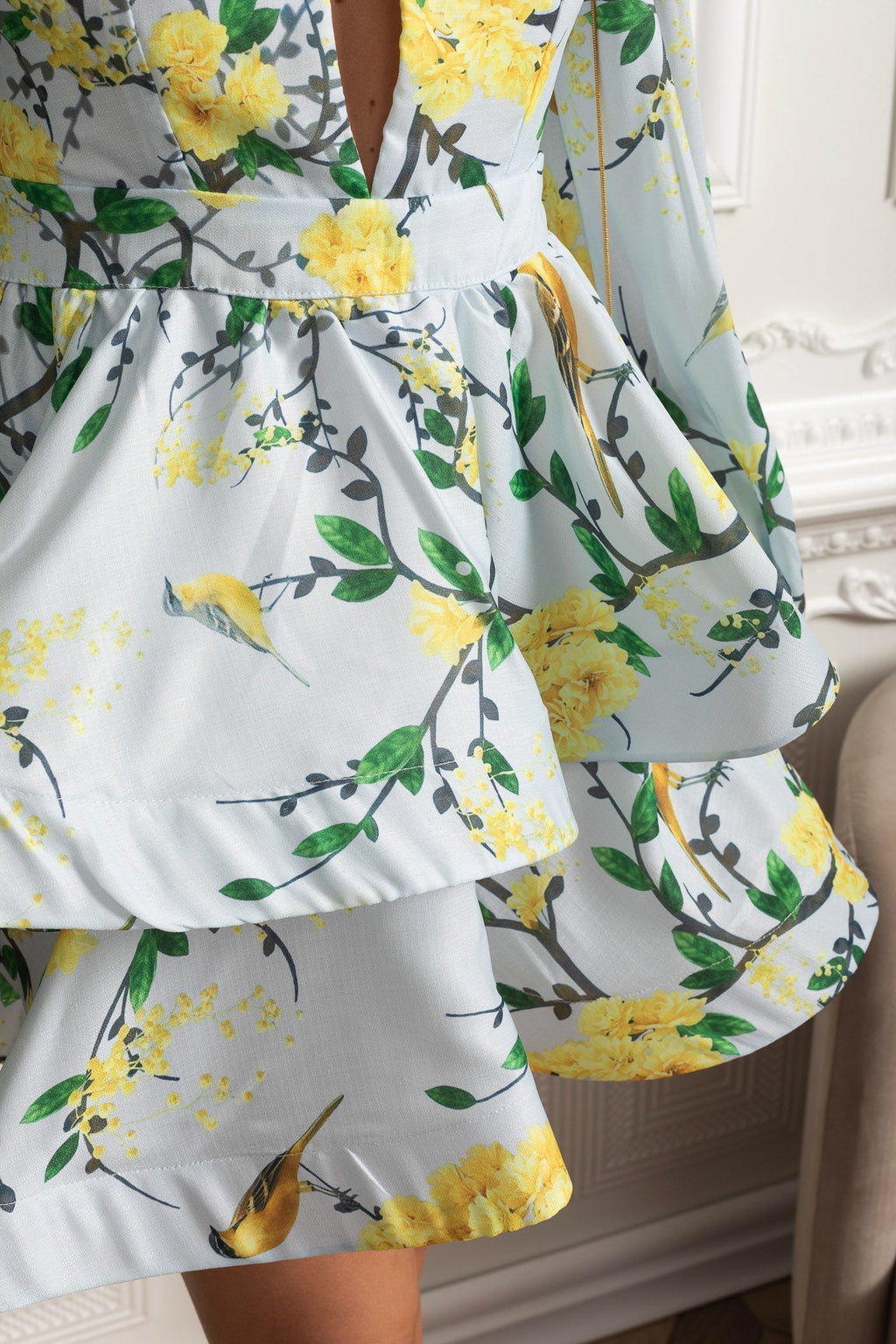 Flowering Girl Women Floral Romantic Mini Dress With Voluminous Sleeves And Peplum Detail - Sky Blue