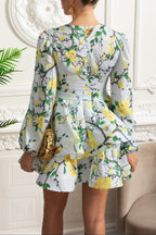 Flowering Girl Women Floral Romantic Mini Dress With Voluminous Sleeves And Peplum Detail - Sky Blue