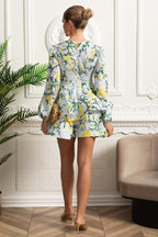 Flowering Girl Women Floral Romantic Mini Dress With Voluminous Sleeves And Peplum Detail - Sky Blue