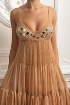 helen rhinestone beading pleated maxi dress -  beige