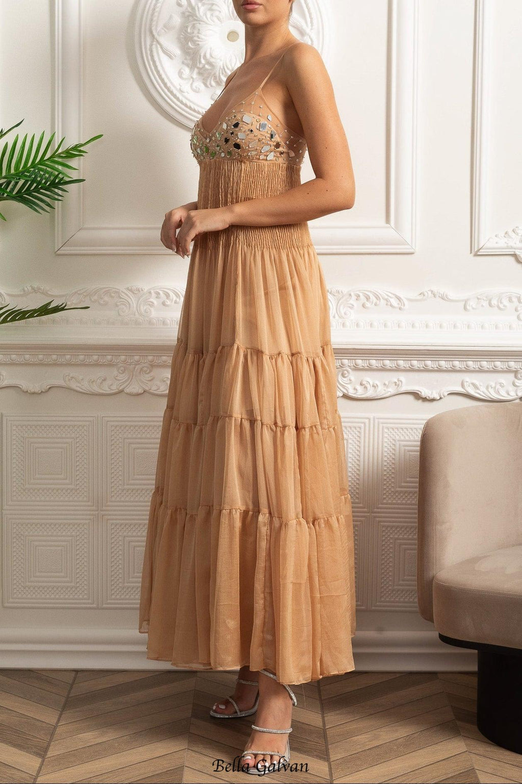 helen rhinestone beading pleated maxi dress -  beige