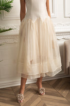 Sleeveless Midi Dress With Tulle Skirt And Pearl Embellished Collar - Ivoire