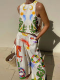 Flowering Girl Women Unique Print Tank And Elastic Waist Pocketed Pants Set