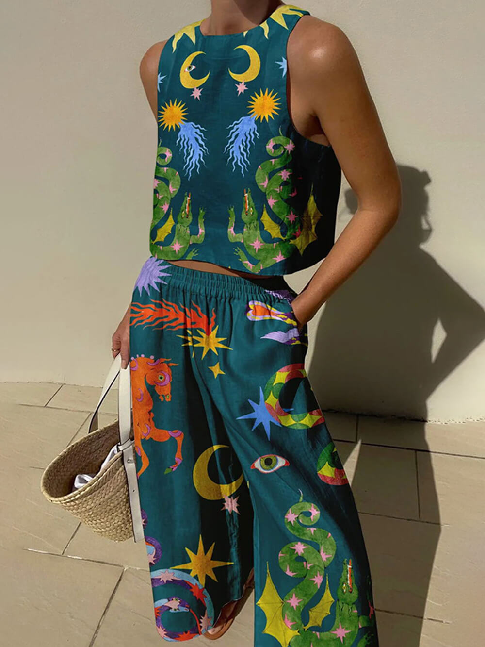Flowering Girl Women Unique Print Tank And Elastic Waist Pocketed Pants Set