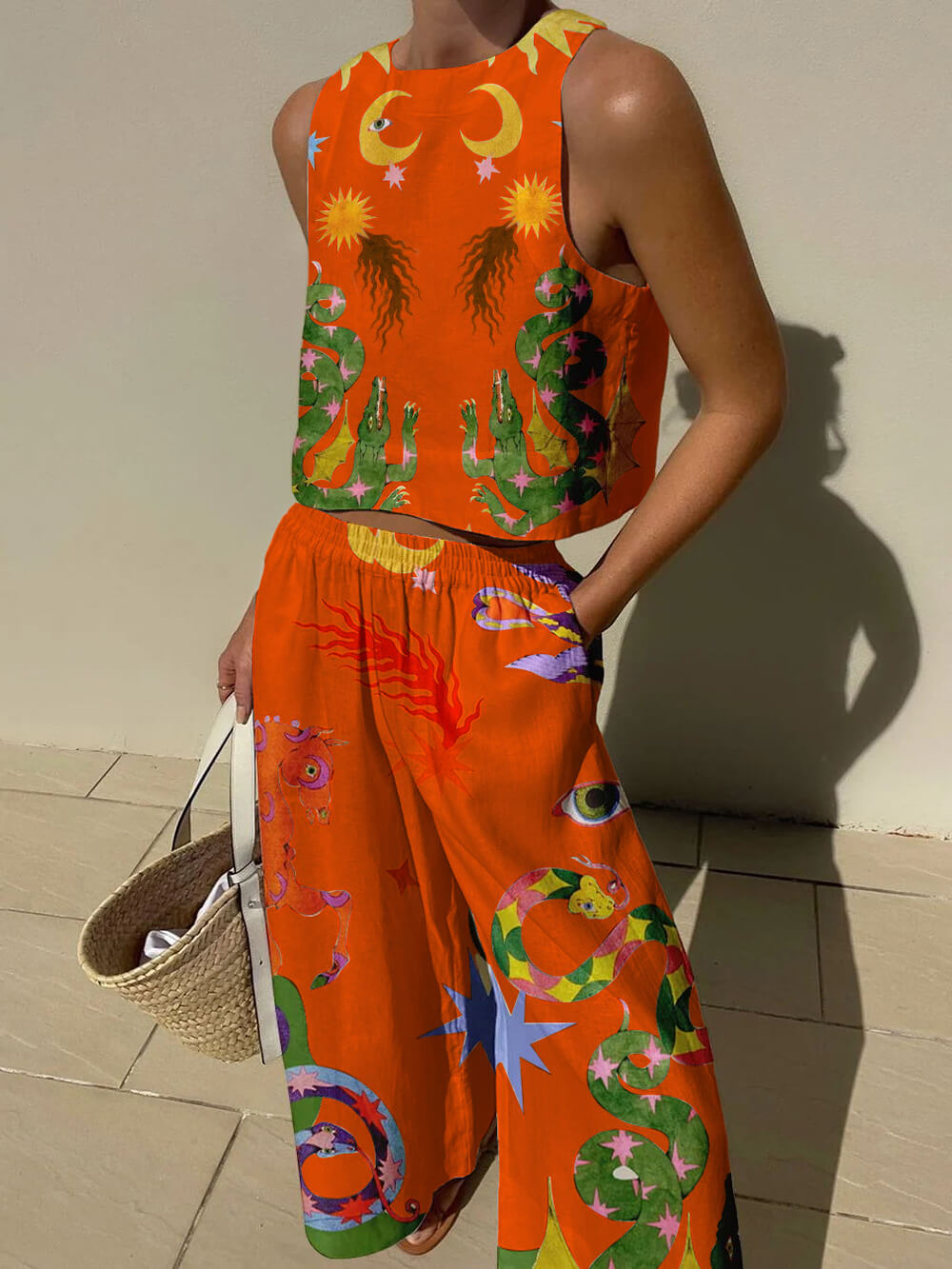 Flowering Girl Women Unique Print Tank And Elastic Waist Pocketed Pants Set