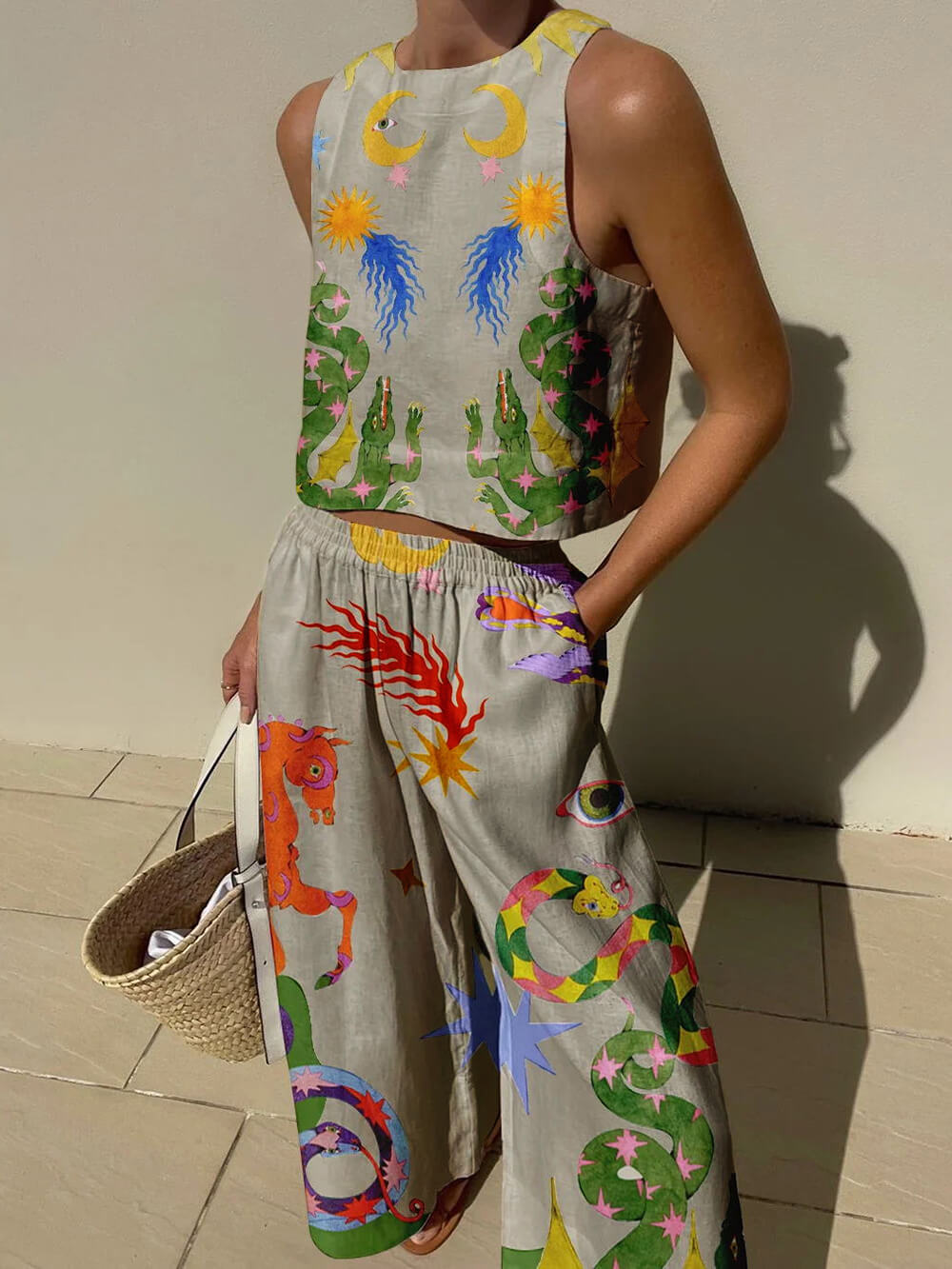 Flowering Girl Women Unique Print Tank And Elastic Waist Pocketed Pants Set