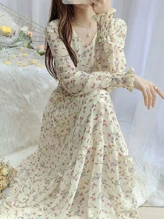 janet Classic Floral Ruffle Chiffon Dress-Yellow