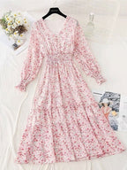 janet Classic Floral Ruffle Chiffon Dress-Yellow