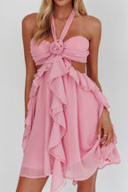 Pink Halter Ruffled Mini Dress