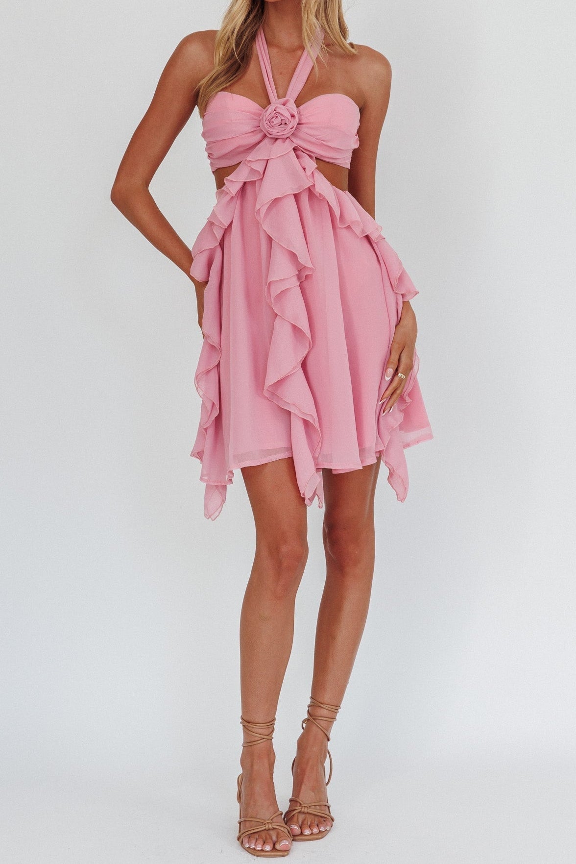Pink Halter Ruffled Mini Dress