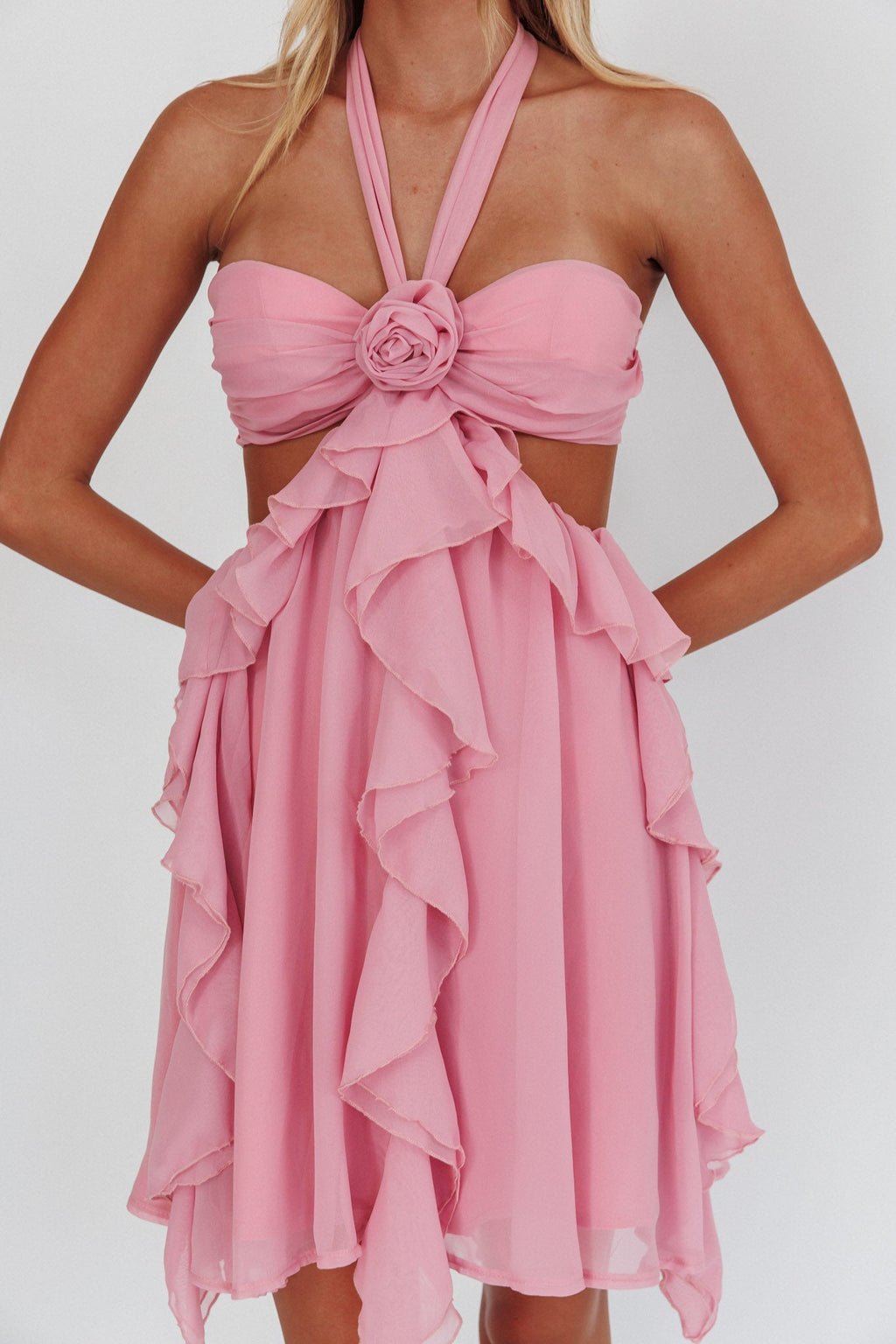 Pink Halter Ruffled Mini Dress