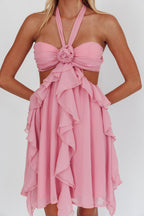 Pink Halter Ruffled Mini Dress
