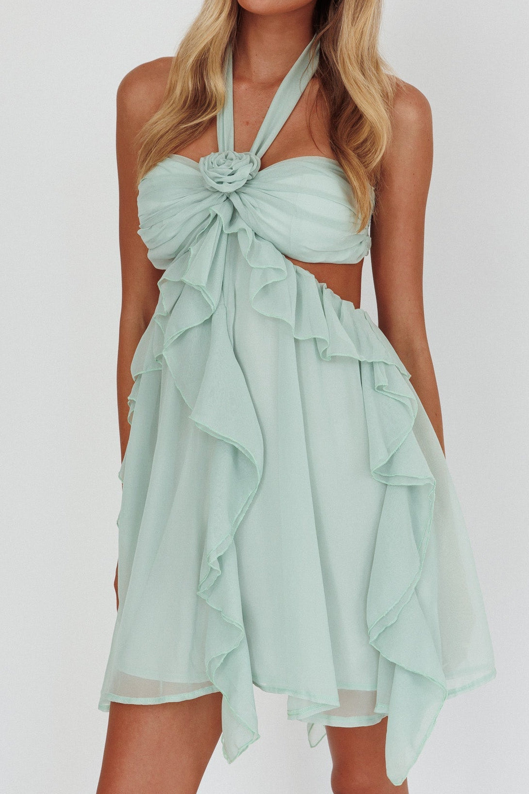Flowering Girl Women Mint Green Halter Ruffled Mini Dress