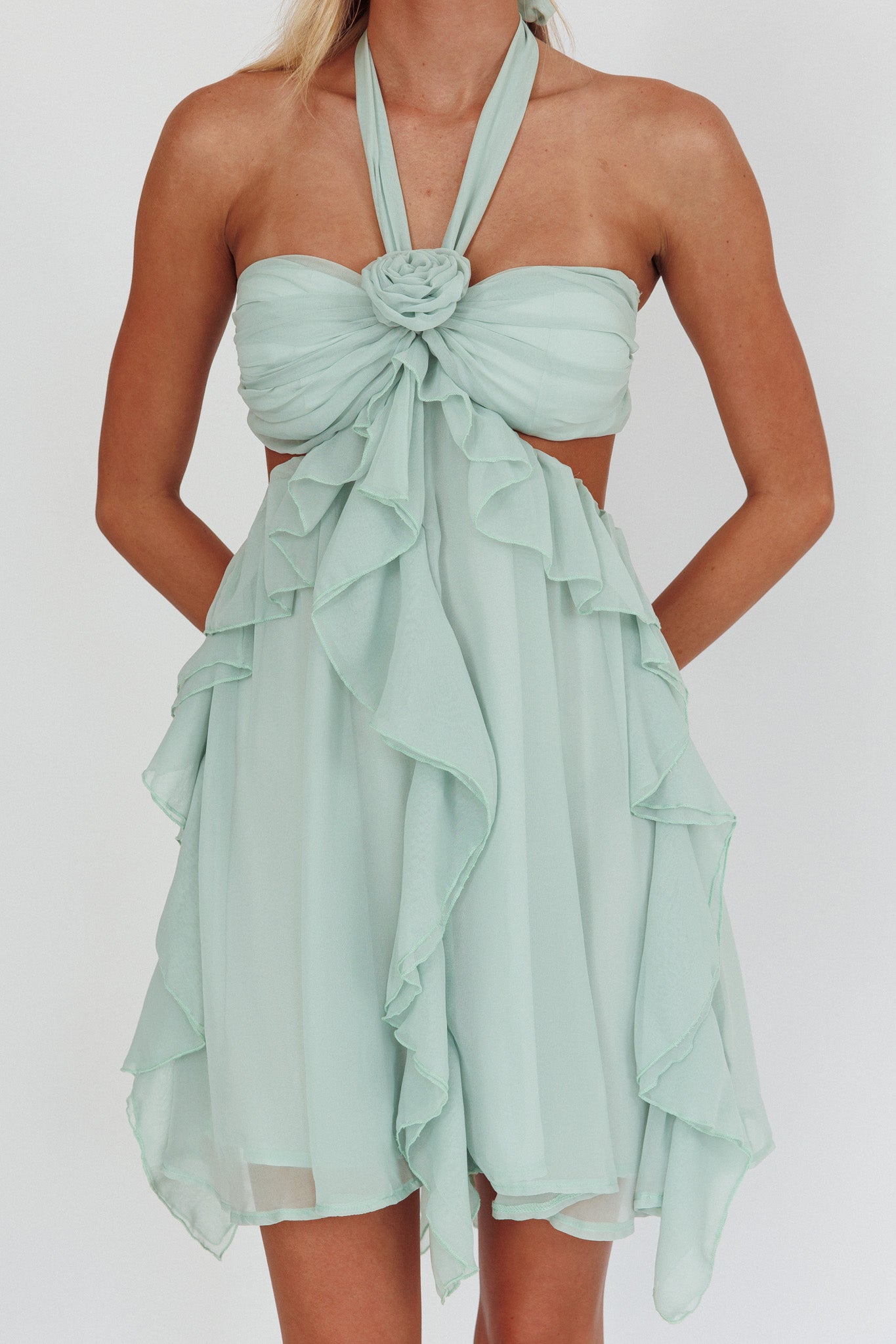 Mint Green Halter Ruffled Mini Dress