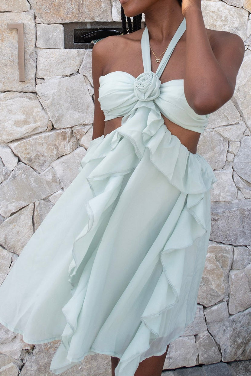 Flowering Girl Women Mint Green Halter Ruffled Mini Dress