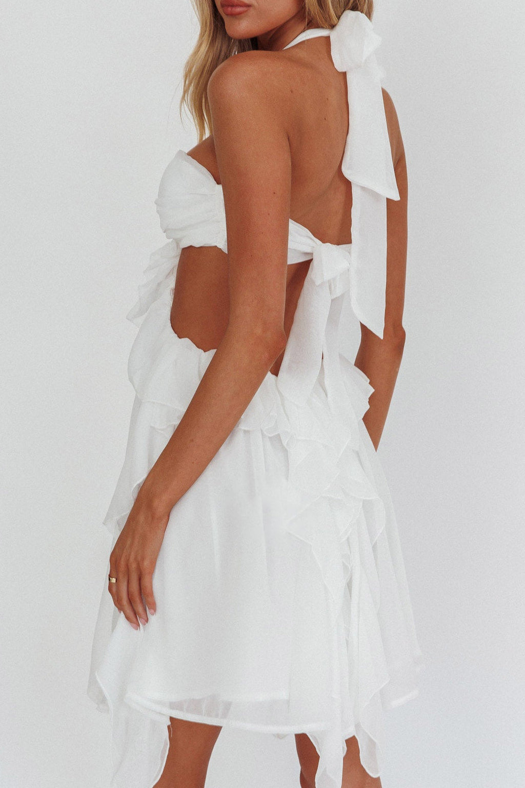 White Halter Ruffled Mini Dress