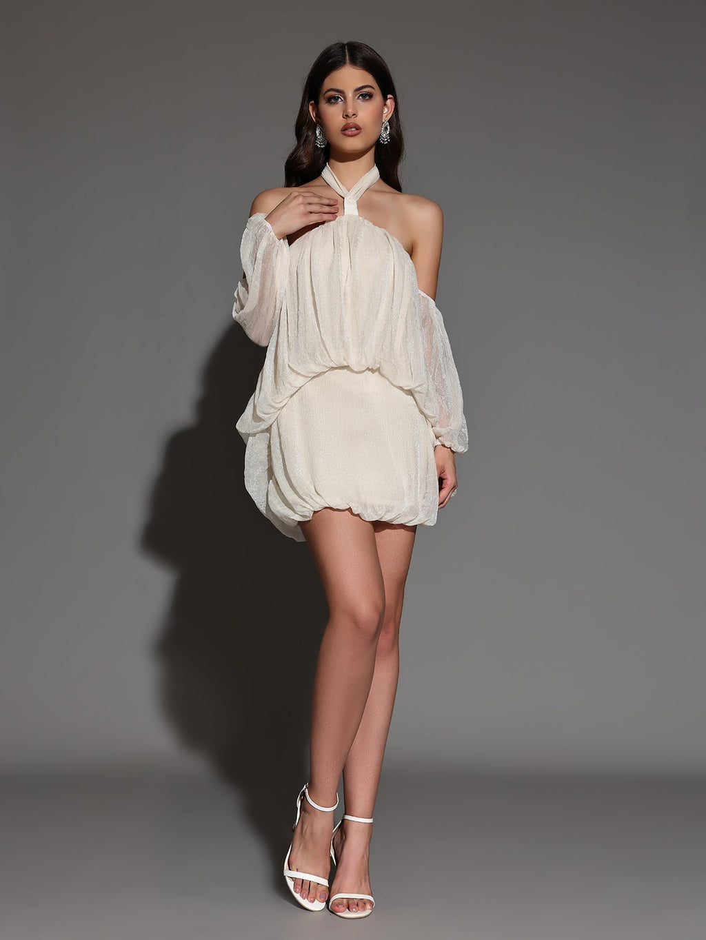 Flowering Girl Women vivien Halter Neck Fluffy Mini Backless mini Dress in apricot