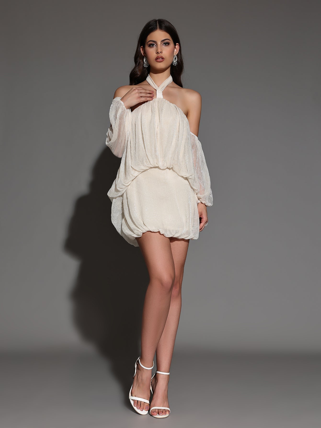 Flowering Girl Women vivien Halter Neck Fluffy Mini Backless mini Dress in apricot