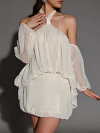 Flowering Girl Women vivien Halter Neck Fluffy Mini Backless mini Dress in apricot