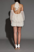 Flowering Girl Women vivien Halter Neck Fluffy Mini Backless mini Dress in apricot
