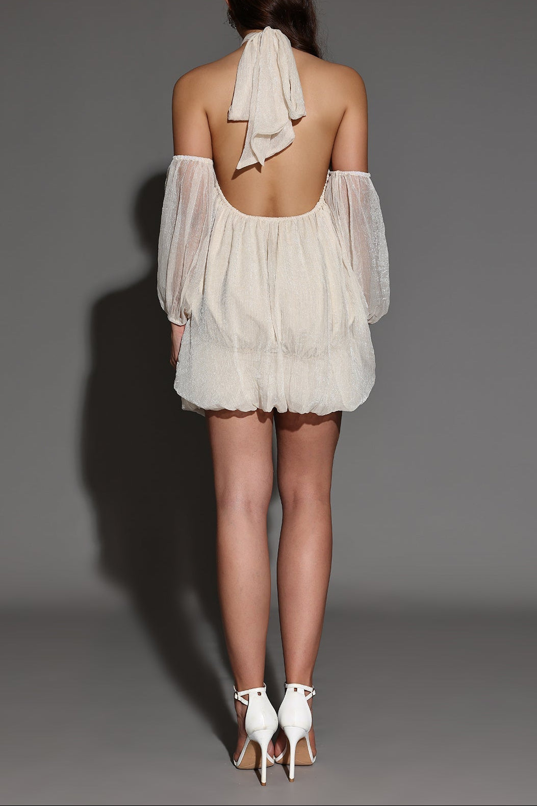 Vivien Halter Neck Fluffy Mini Backless Mini Dress In Apricot