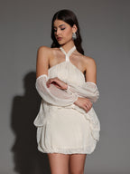 Flowering Girl Women vivien Halter Neck Fluffy Mini Backless mini Dress in apricot