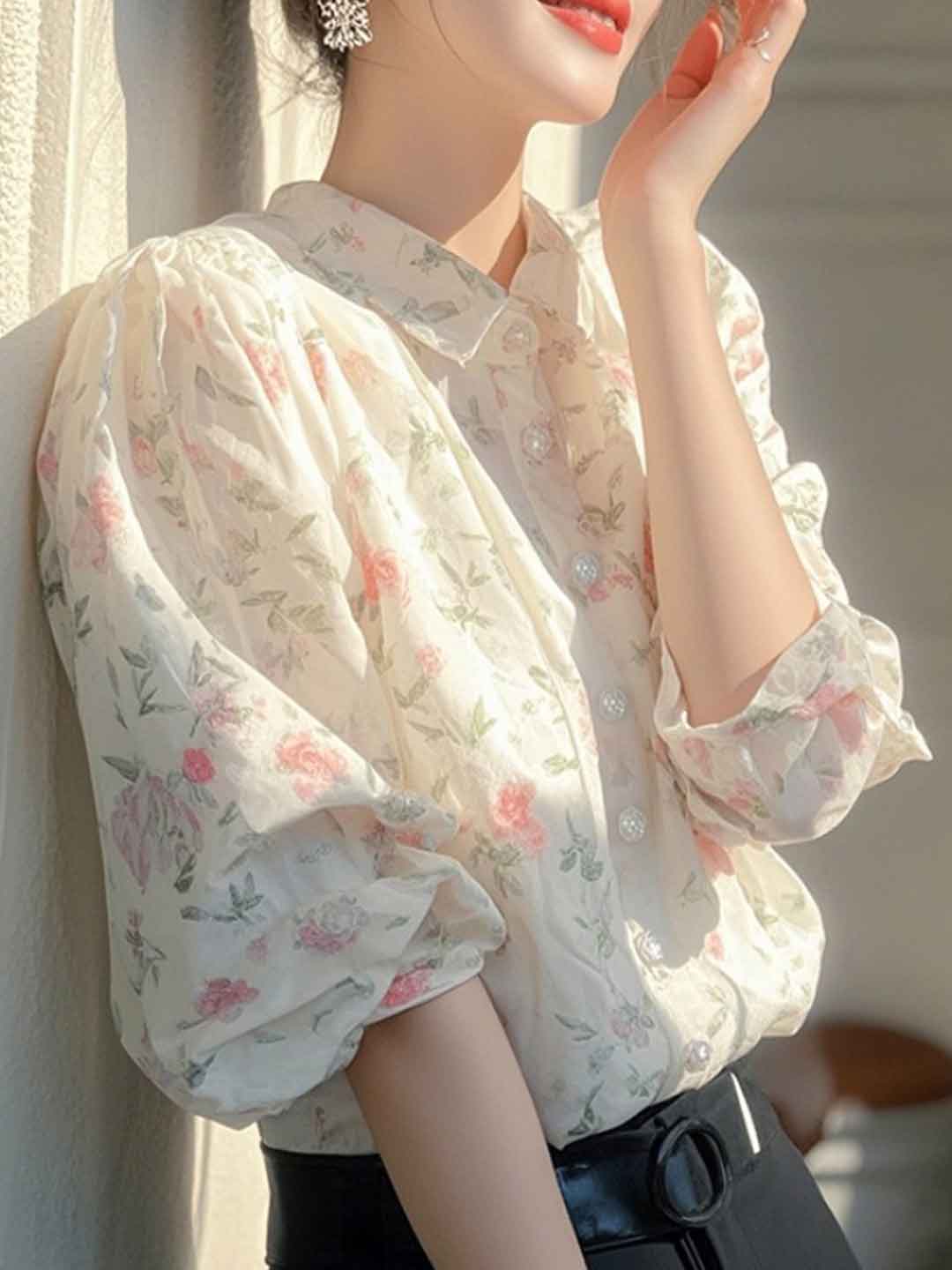 josephine Lapel Floral Printed Chiffon Blouse