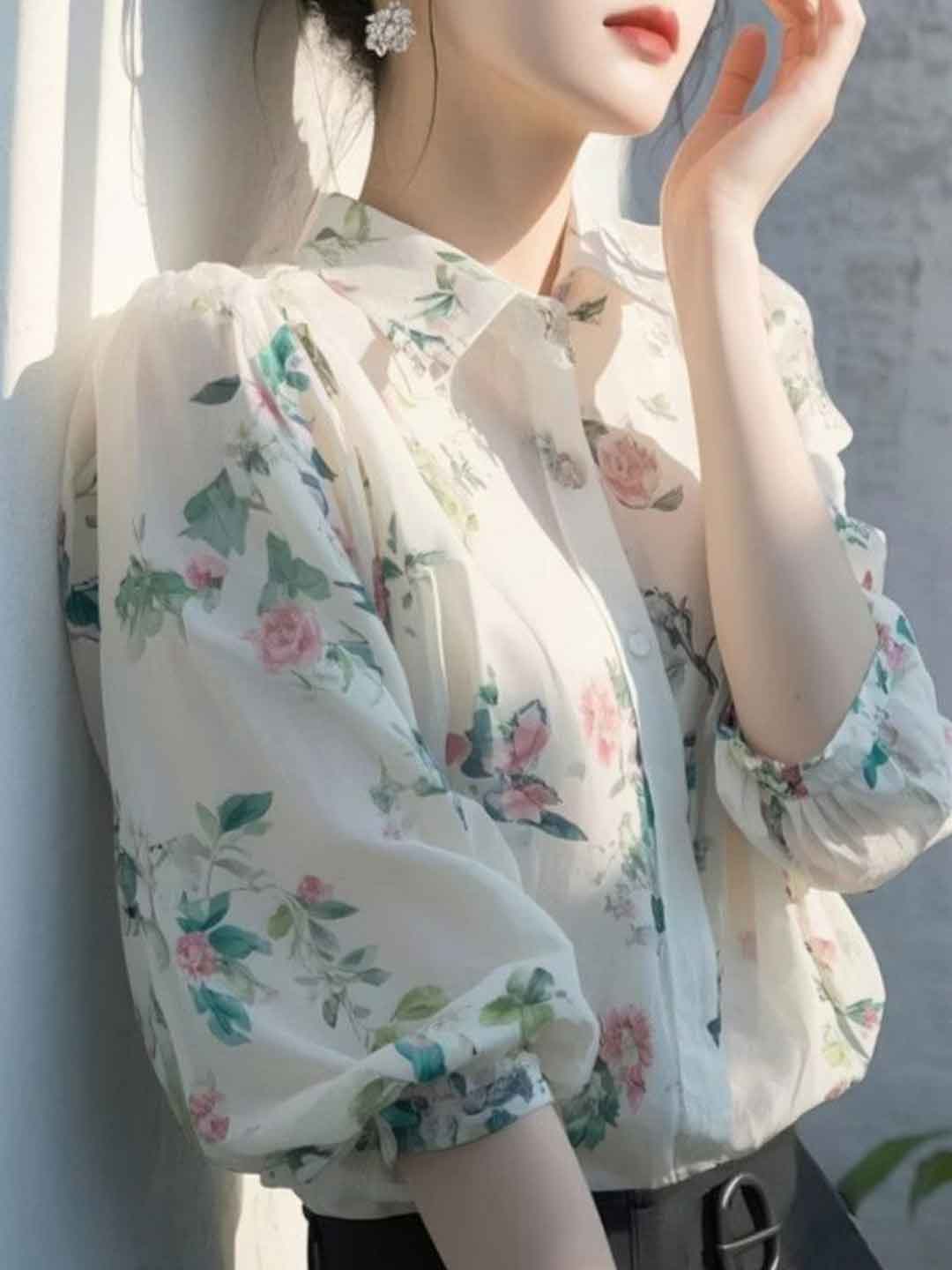 josephine Lapel Floral Printed Chiffon Blouse