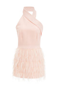 tara feather-detail tassel halter backless dress in pink
