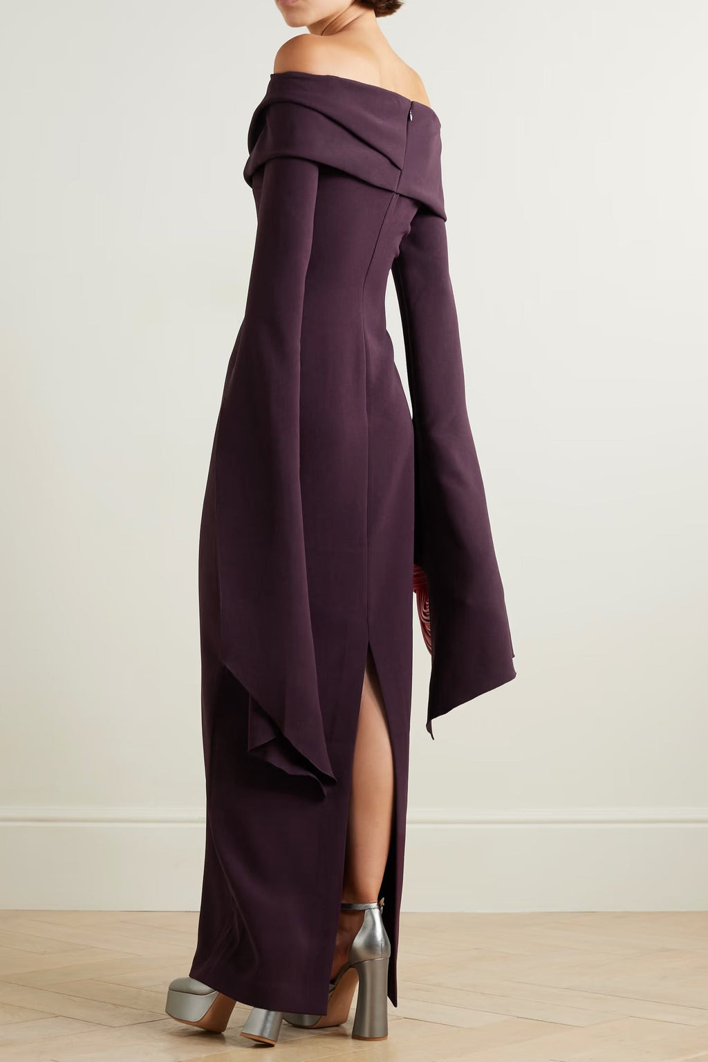 Flowering Girl Women Draped Off-The-Shoulder Crepe Maxi Dress In Burgundy