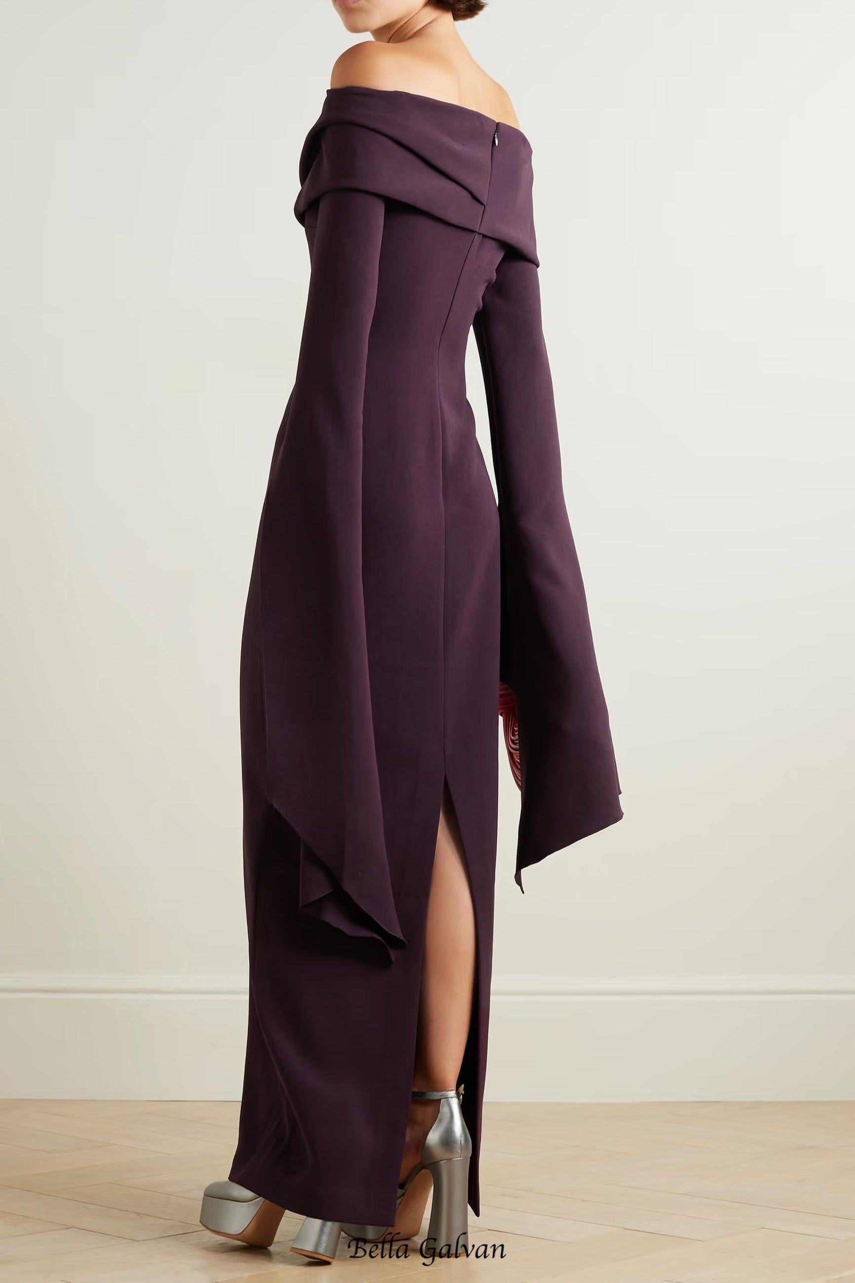 draped off-the-shoulder crepe maxi dress in burgundy
