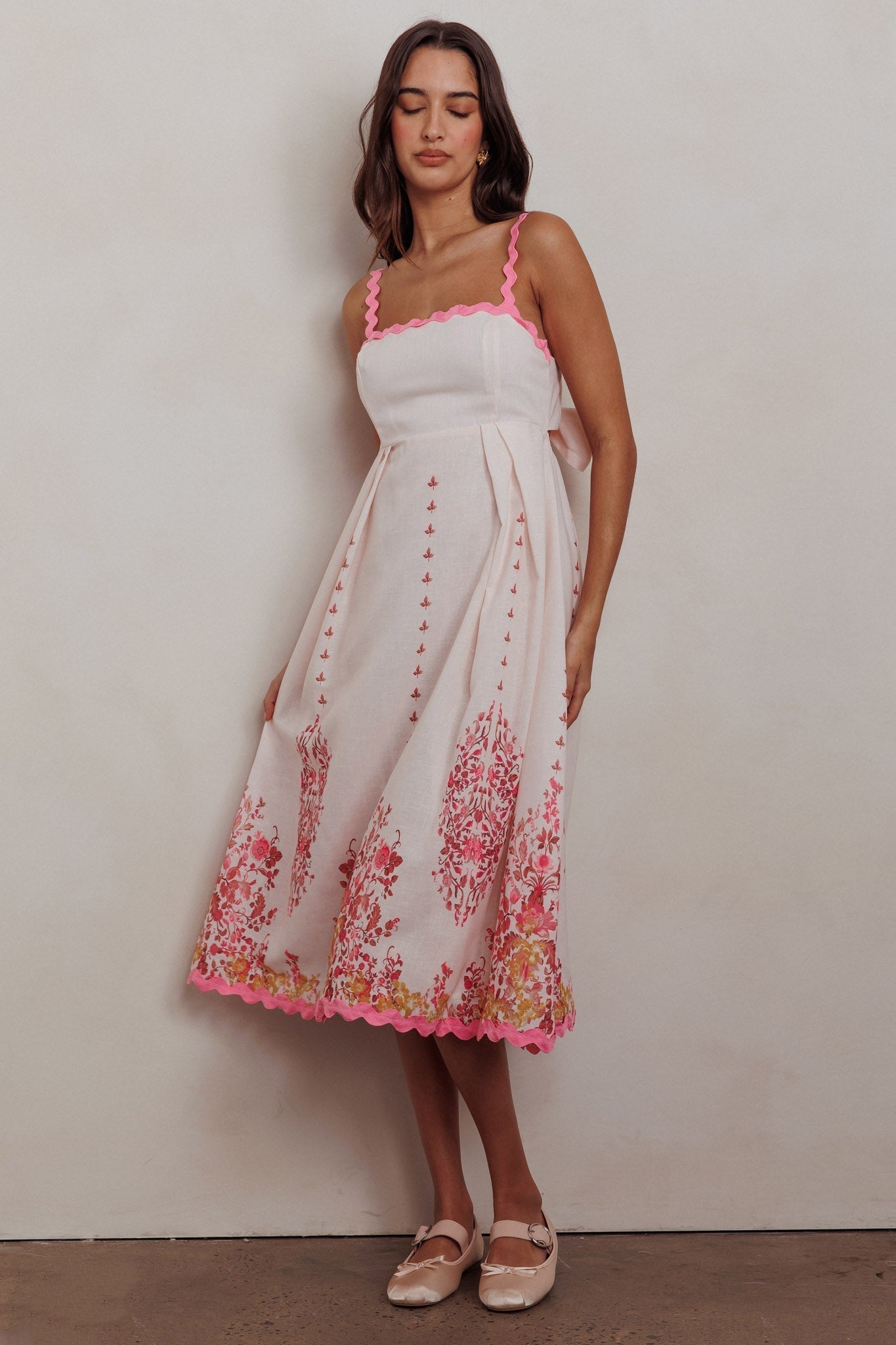 Blush Floral Print Back Tie-Up Midi Dress with Trim Band