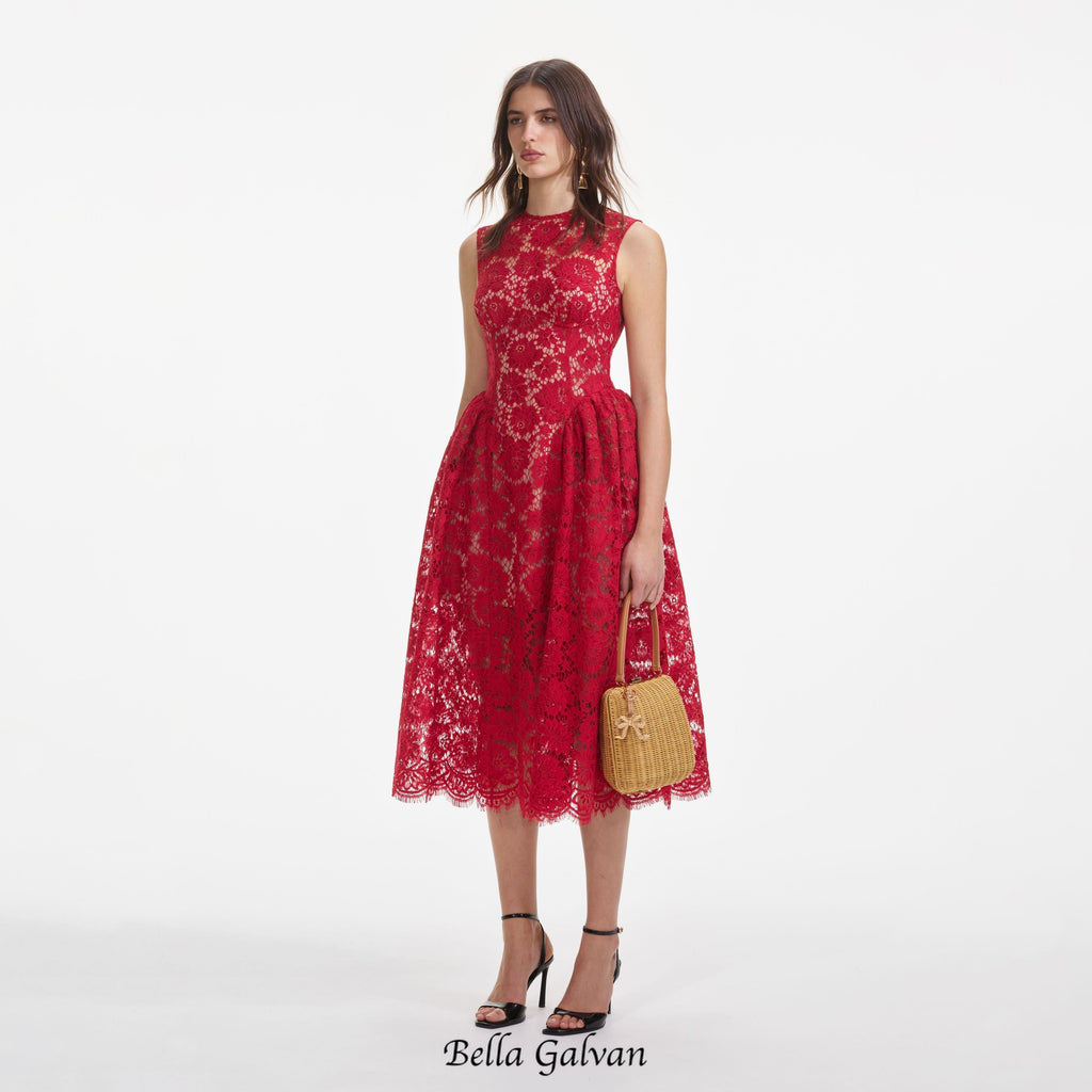 brenda Lace hollow Midi Dress in red