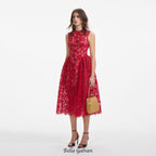 brenda Lace hollow Midi Dress in red