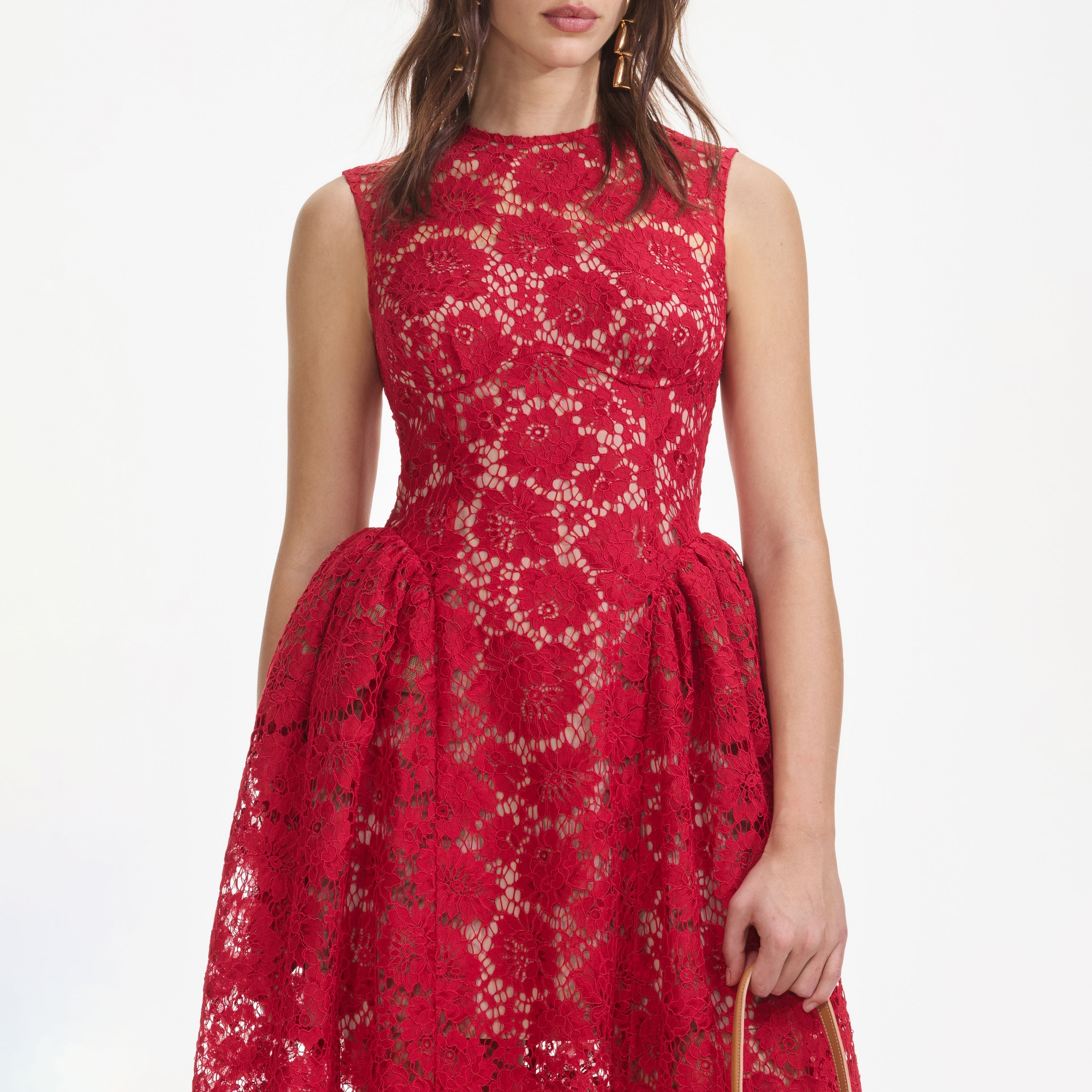 brenda Lace hollow Midi Dress in red