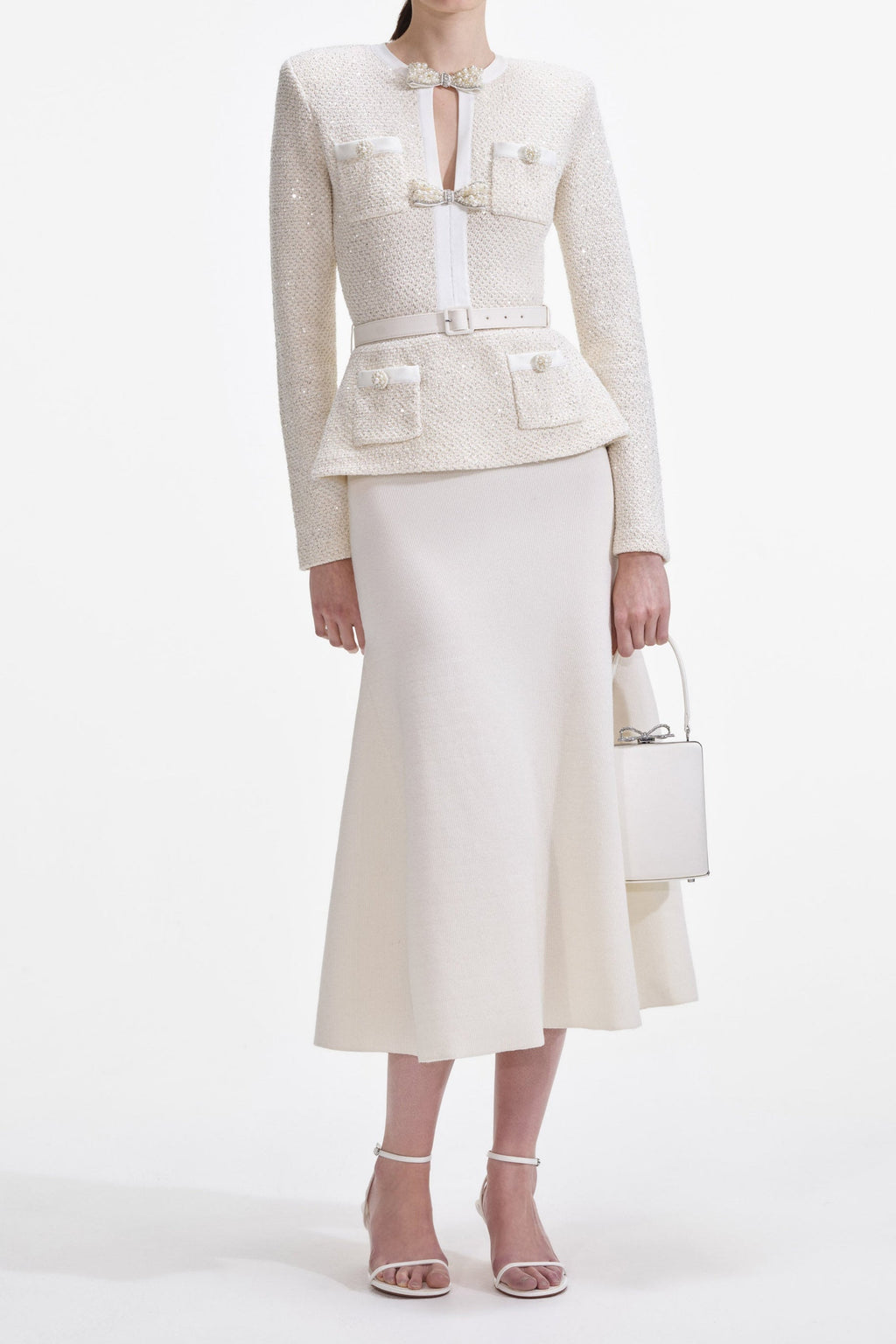Cream Sequin Knit Tailored Midi Dress