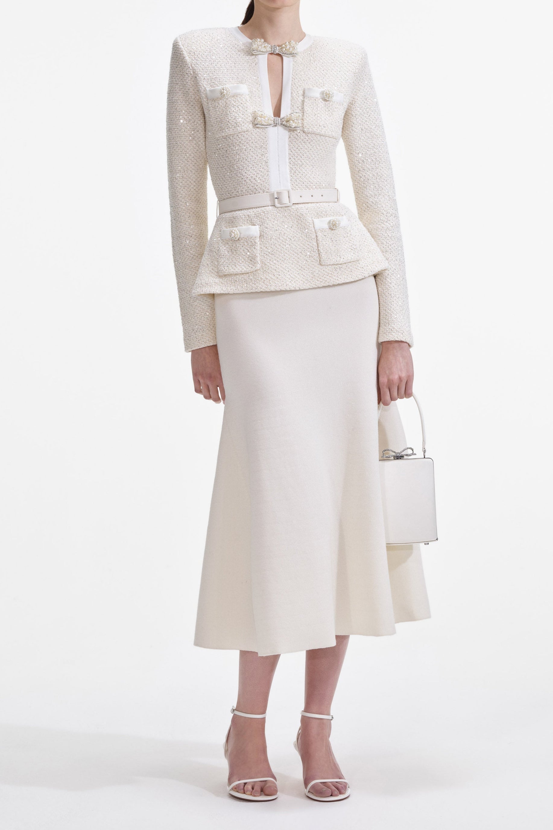Cream Sequin Knit Tailored Midi Dress