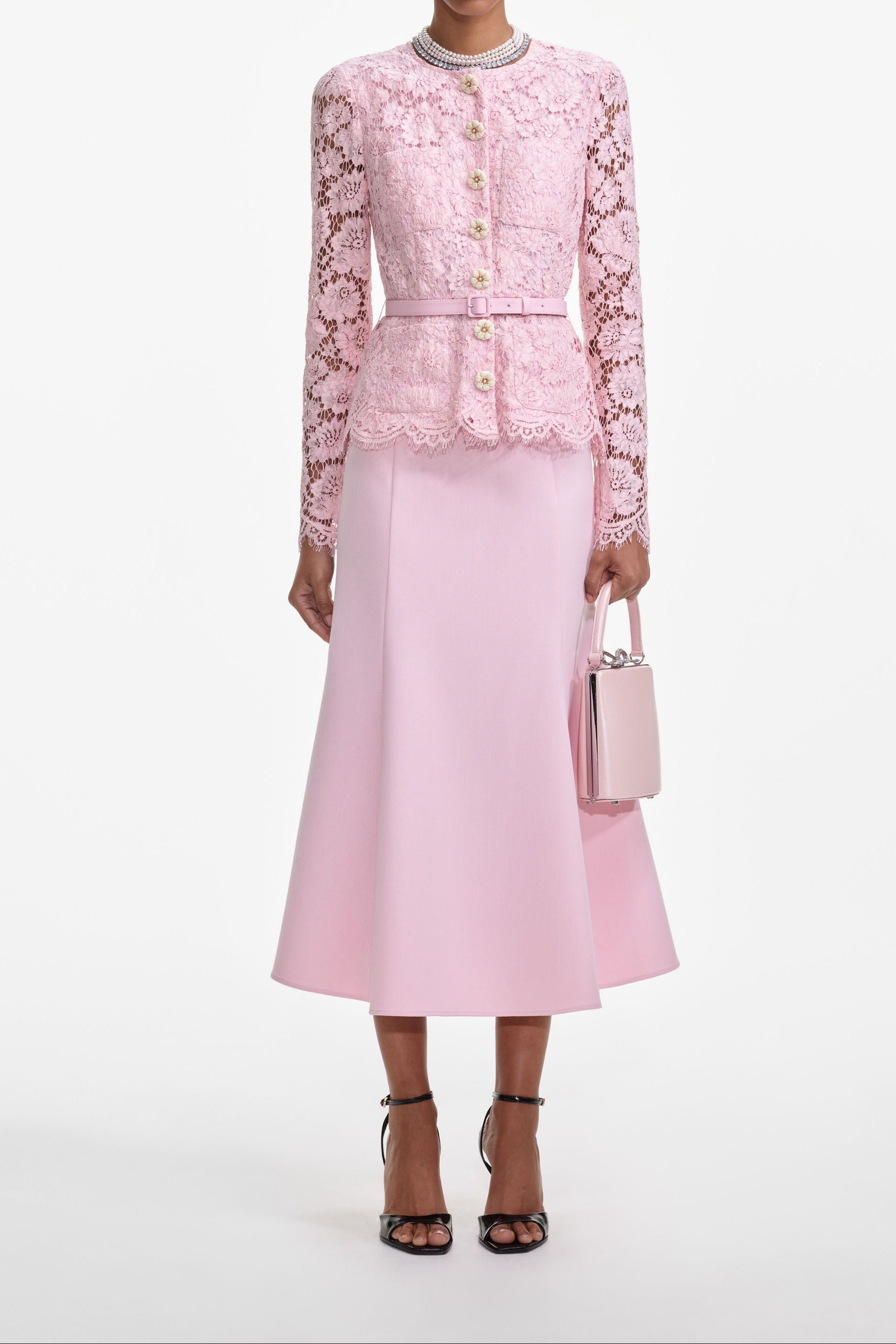 Pink Tailored Lace Midi Dress