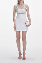 White Crepe Pearl Bow Mini Dress