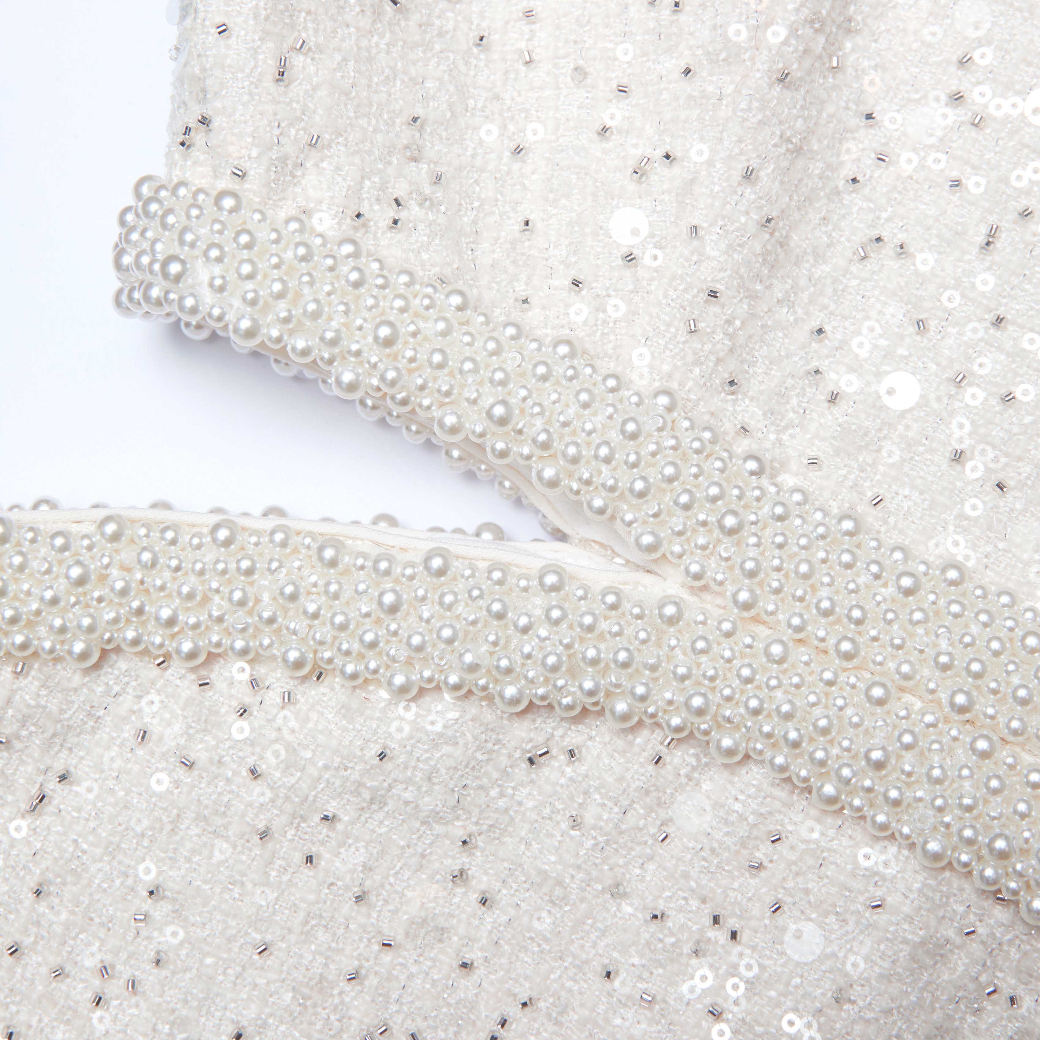 Flowering Girl Women cut out cream boucle pearl mini dress