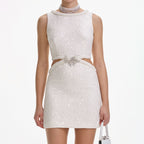 Flowering Girl Women cut out cream boucle pearl mini dress