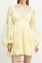 Flowering Girl Women tiffany v-neck puff sleeve hollow mini dress in yellow