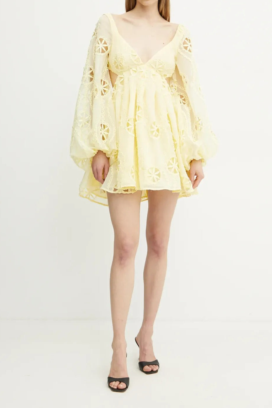 Flowering Girl Women tiffany v-neck puff sleeve hollow mini dress in yellow