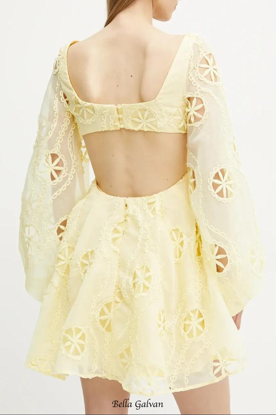 Flowering Girl Women tiffany v-neck puff sleeve hollow mini dress in yellow
